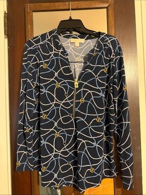Michael Kors Navy Rope-Print Zip Front Blouse